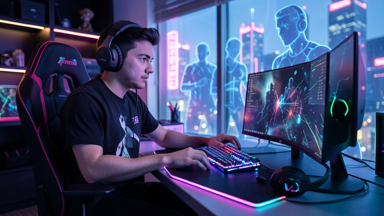 Ein futuristisch wirkender E-Sport-Gamer in einem high-tech Gaming-Raum sitzt am Schreibtisch, beleuchtet von RGB-Lichtern, mit mechanischer Tastatur und Gaming-Headset, im Hintergrund sind holografische Silhouetten von Teammitgliedern zu sehen.